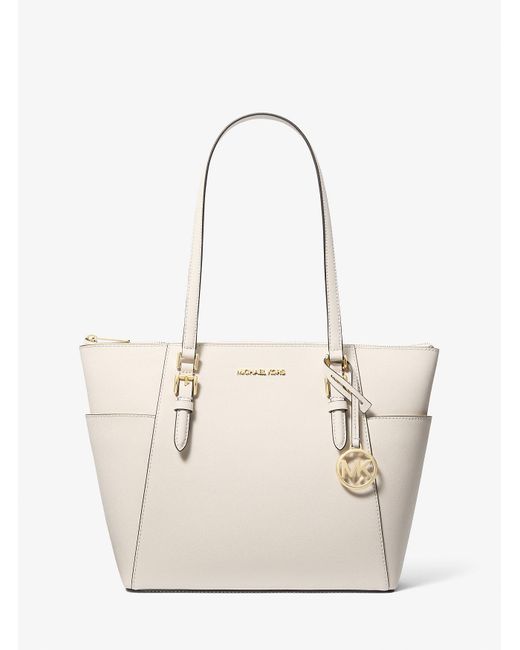 Michael Kors Outlet Natural Mk Charlotte Large Saffiano Leather Top-Zip Tote Bag