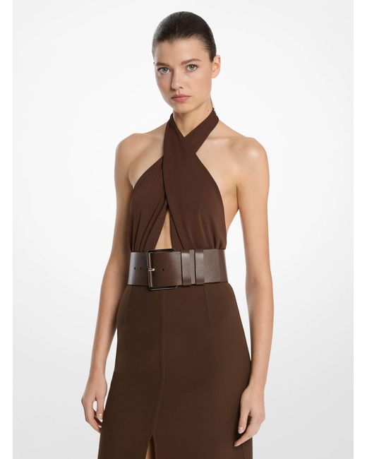Michael Kors Brown Mk Stretch Matte Jersey Halter Bodysuit