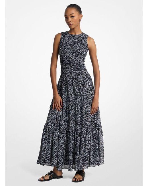 MICHAEL Michael Kors Blue Floral Print Smocked Georgette Maxi Dress