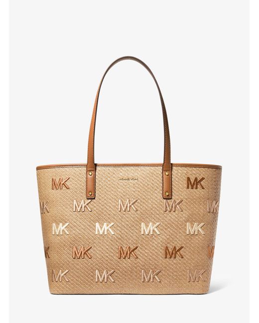 Michael Kors Natural Carter Large Logo Embroidered Straw Tote Bag