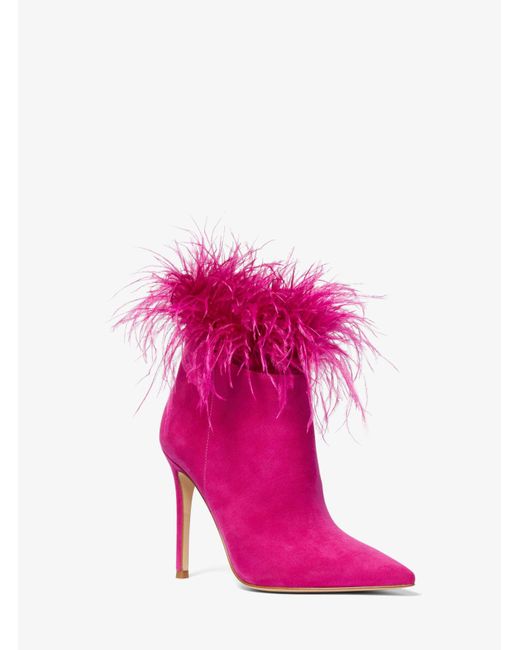 Michael Kors Pink Whitby Feather Trim Suede Ankle Boot