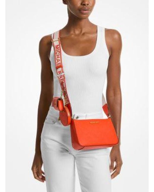Michael Kors Red Jet Set Saffiano Leather Crossbody Bag With Case For Apple Airpods Pro