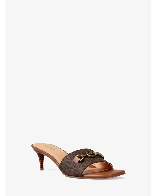 Michael Kors Outlet Brown Mk Natalie Signature Logo Kitten Sandal