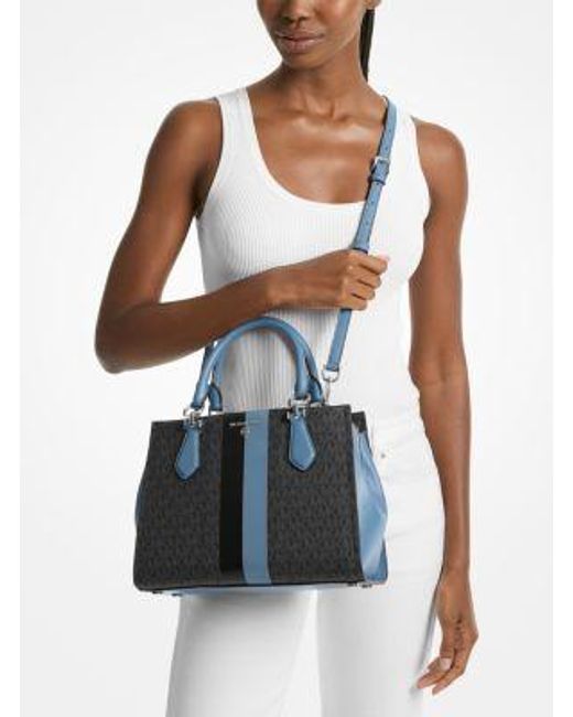 Michael Kors Blue Marilyn Medium Signature Logo Stripe Satchel