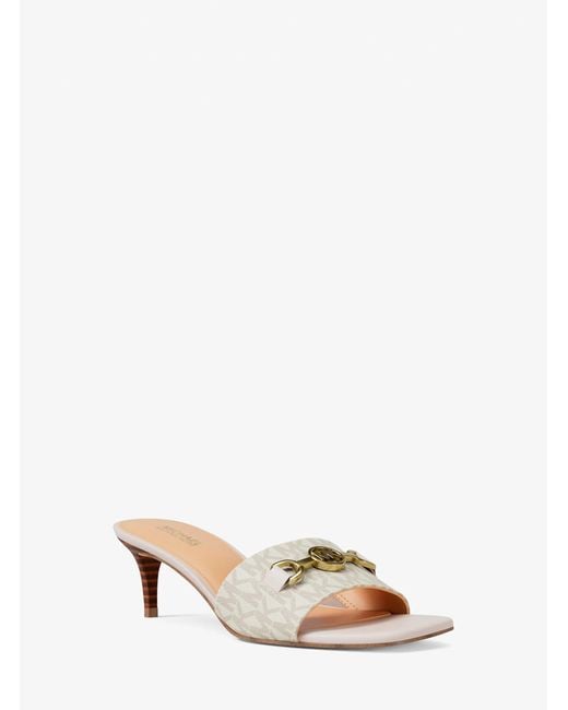 Michael Kors Outlet Natural Mk Natalie Signature Logo Kitten Sandal