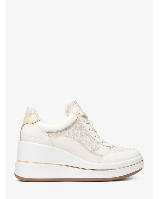 Michael Kors White Mk Emmy Signature Logo And Leather Wedge Trainer