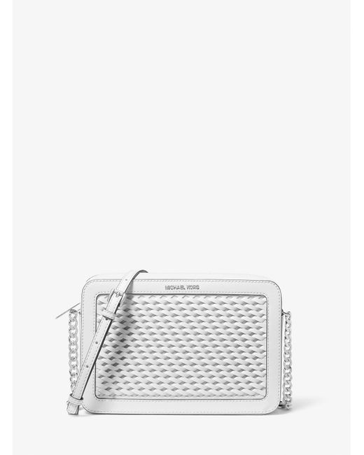 Michael Kors Outlet White Mk Jet Set Large Woven Crossbody Bag
