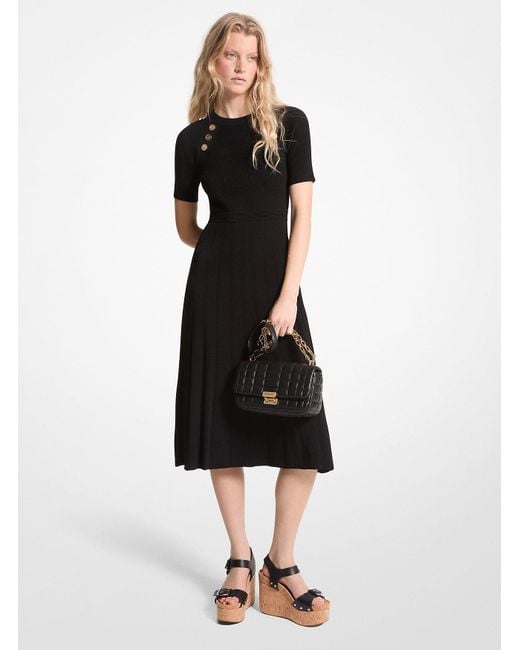 MICHAEL Michael Kors Black Mk Ribbed Stretch Knit Button Midi Dress
