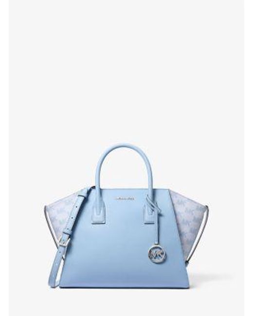 Michael Kors Blue Avril Large Leather And Logo Jacquard Satchel