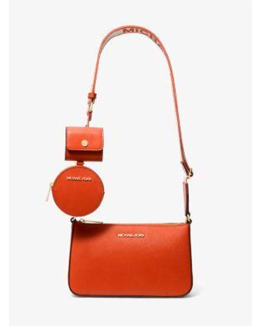 Michael Kors Red Jet Set Saffiano Leather Crossbody Bag With Case For Apple Airpods Pro