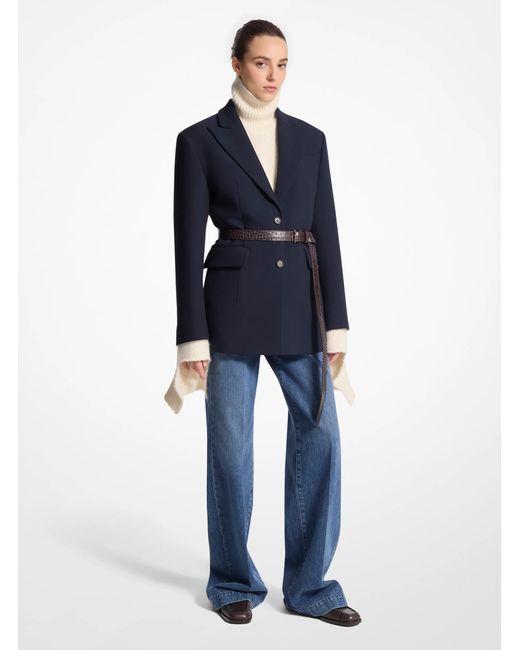 Michael Kors Blue Mk Wool Blend Gabardine Carved Blazer