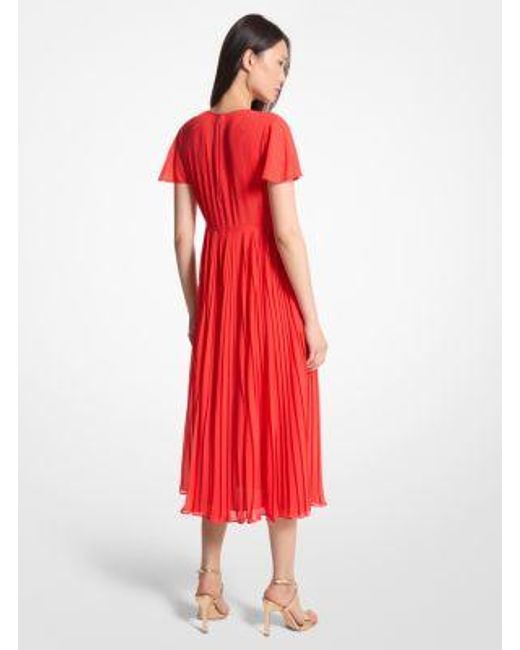 Michael Kors Red Mk Pleated Georgette Midi Dress