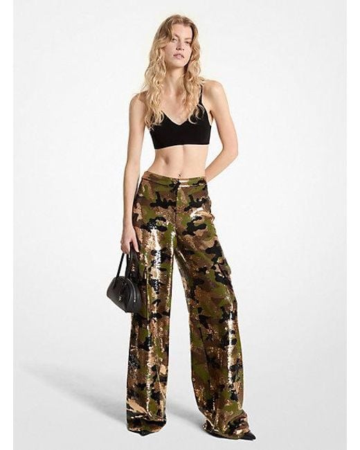 【DISCERNMENT】Birkin Camo Wide Pants Michael Kors Sequined Camouflage Wide-Leg Cargo Pants in