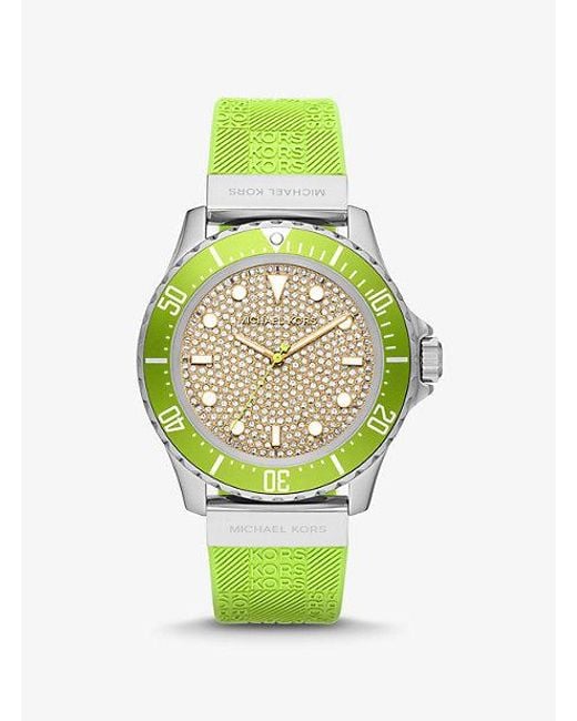 Michael Kors Green Oversized Slim Everest Pavé Silver-tone And Embossed Silicone Watch