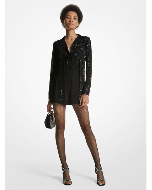 Michael Kors Black Mk Pinstripe Sequined Chiffon And Woven Tie-Neck Romper