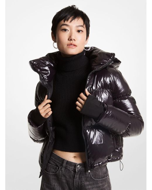 Michael Kors Black Quilted Patent Nylon Cropped Puffer Jacket