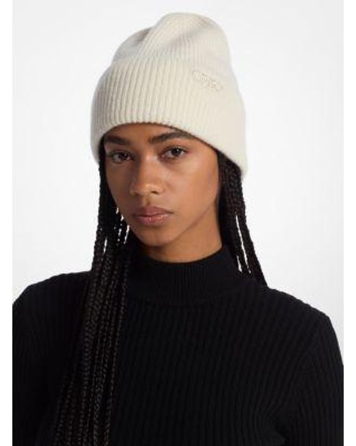 MICHAEL Michael Kors White Mk Ribbed Cashmere Beanie Hat