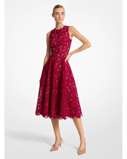 Michael Kors Red Floral Lace Sleeveless Fit & Flare Midi Dress