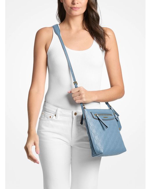 MICHAEL Michael Kors Blue Mk Jet Set Travel Large Logo Embossed Leather Crossbody Bag