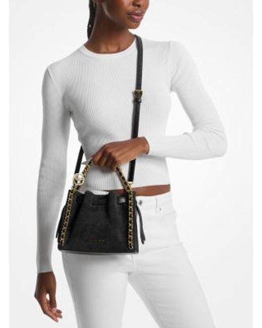 Michael Kors Black Mina Small Suede Logo Chain Crossbody Bag