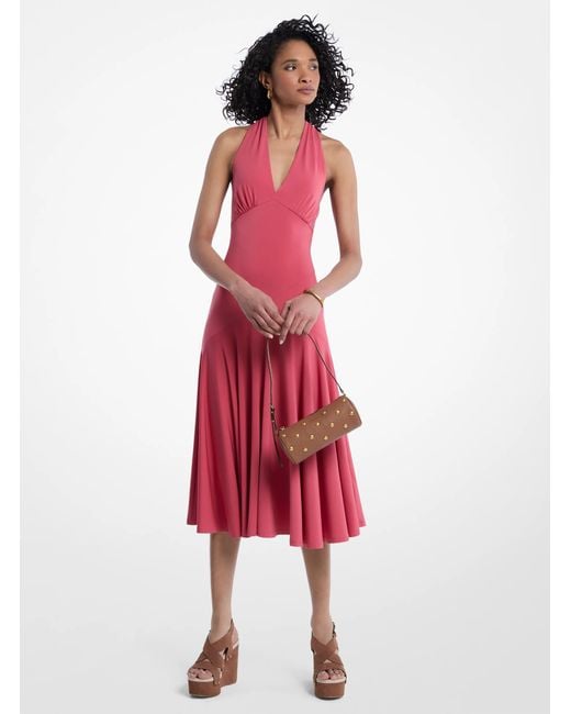 Michael Kors Red Stretch Matte Jersey Halter Midi Dress