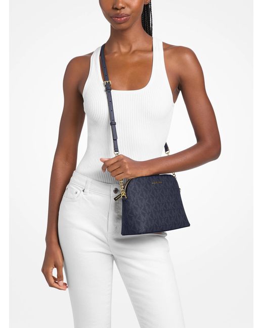 Michael Kors Outlet Blue Mk Cindy Signature Logo Dome Crossbody Bag