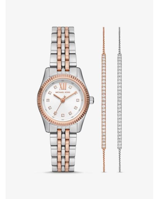 Michael Kors White Mk Lexington Pavé Two-Tone Watch And Slider Bracelet Gift Set