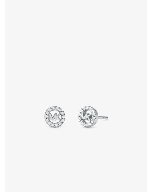 Michael Kors White Mk Fulton Precious-Metal Plated Sterling Pavé Logo Charm Stud Earrings
