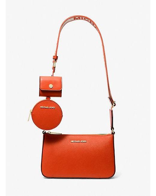 Michael Kors Red Jet Set Saffiano Leather Crossbody Bag With Case For Apple Airpods Pro