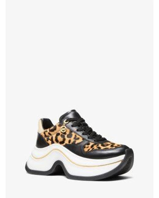 Michael Kors White Arla Leopard Print Calf Hair And Leather Trainer