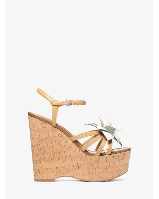 Michael Kors Natural Mk Jacie Floral Embellished Leather Wedge Sandal