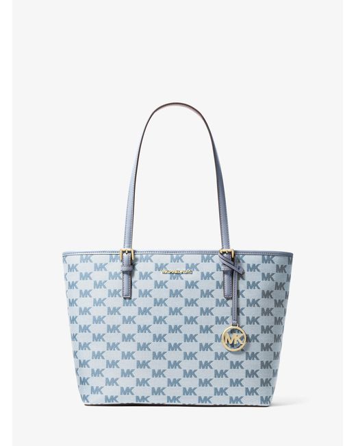 Michael Kors Outlet Blue Mk Jet Set Medium Logo Jacquard Tote Bag