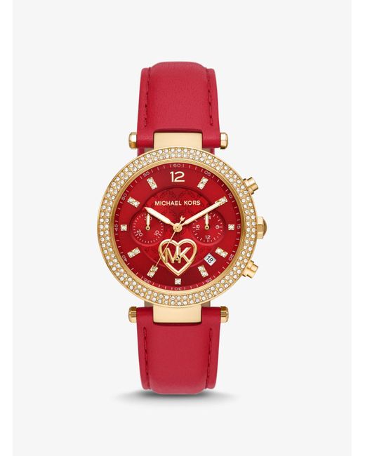 Michael Kors Red Parker Qixi Pavé Gold-tone And Leather Watch