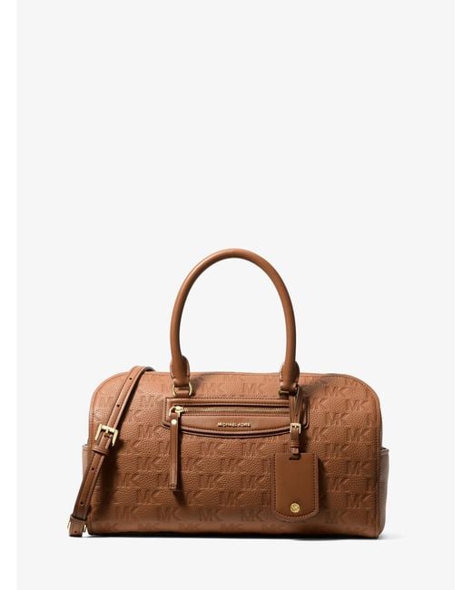 MICHAEL Michael Kors Brown Mk Jet Set Travel Medium Logo Embossed Leather Duffel Crossbody Bag