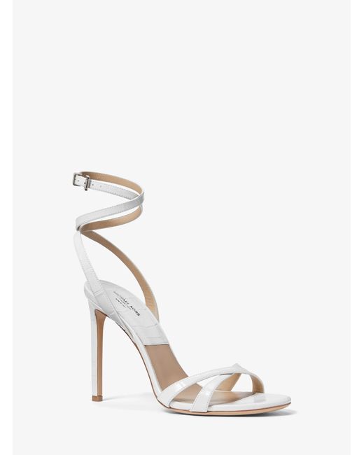 Michael Kors White Chrissy Crocodile Embossed Leather Sandal