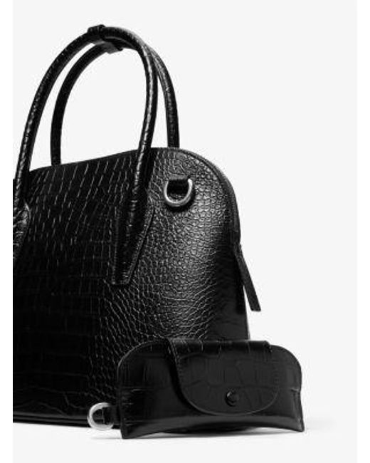 Michael Kors Black Kaitlin Medium Crocodile Embossed Leather Dome Satchel