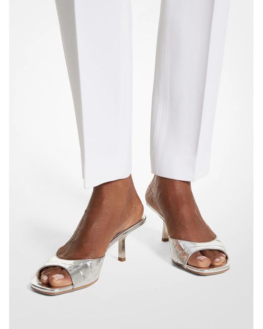 Michael Kors White Anita Metallic Crocodile Embossed Leather Sandal