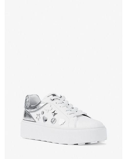 Michael Kors White Romey Embellished Mixed-Media Platform Sneaker
