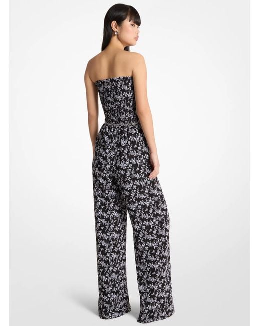 MICHAEL Michael Kors White Mk Floral Print Smocked Georgette Belted Jumpsuit