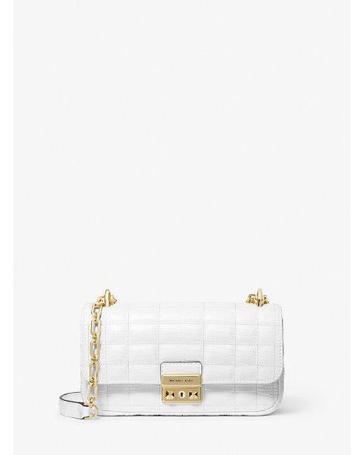 Michael Kors White Tribeca Small Quilted Lizard Embossed Leather Shoulder Bag