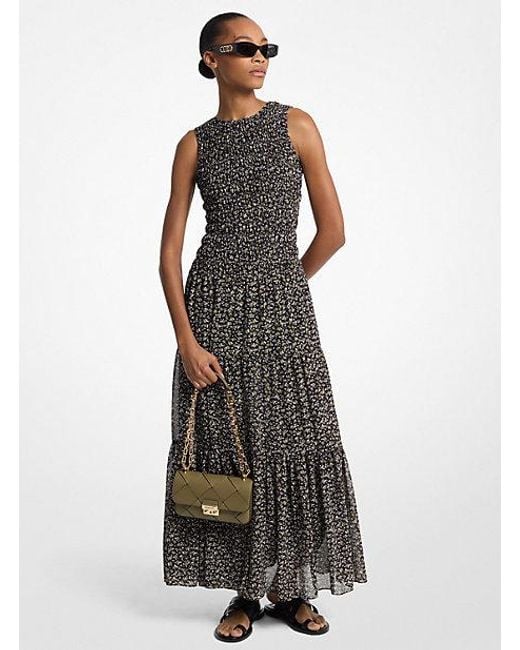 Michael Kors Green Floral Print Smocked Georgette Maxi Dress