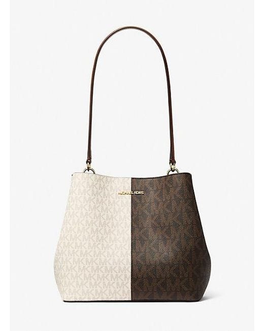 Michael Kors Natural Pratt Medium Two-Tone Signature Logo Shoulder Bag