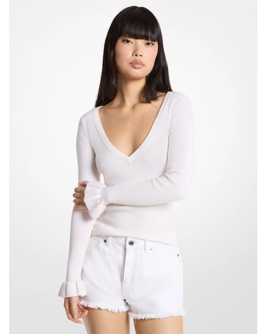 MICHAEL Michael Kors White Mk Ribbed Wool Blend V-Neck Jumper