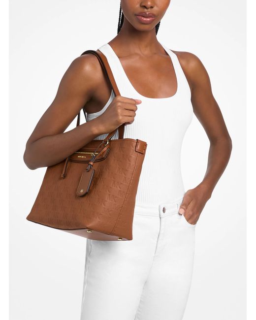 MICHAEL Michael Kors Brown Mk Jet Set Travel Medium Logo Embossed Leather Tote Bag