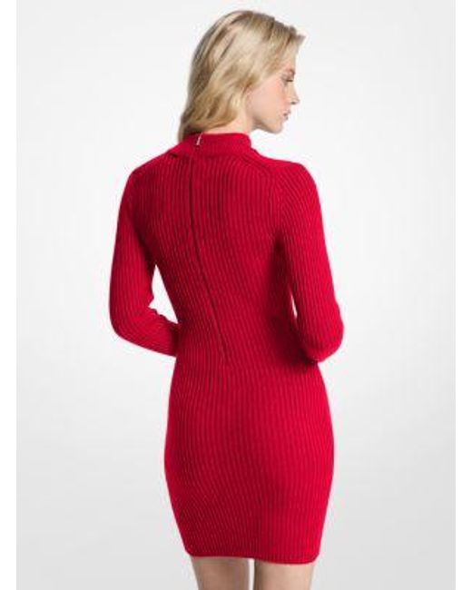 Michael Kors Red Ribbed Stretch Wool Mock Neck Dress