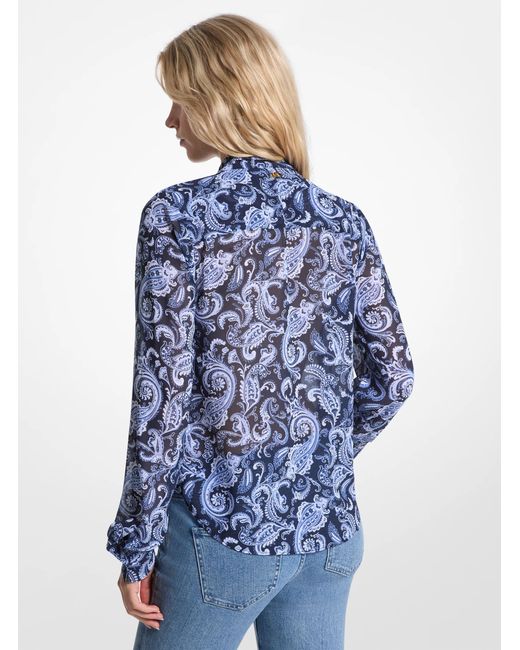 MICHAEL Michael Kors Blue Paisley Print Georgette Tie-Neck Blouse