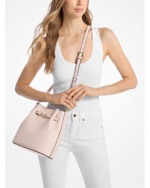 Michael Kors Outlet Pink Mk Carson Medium Pebbled Leather Convertible Bucket Crossbody Bag