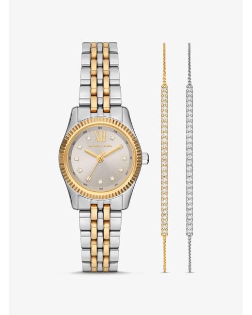 Michael Kors White Zweifarbige Pavé-Armbanduhr Lexington Und Armband Mit Schiebeknoten Im Geschenkset