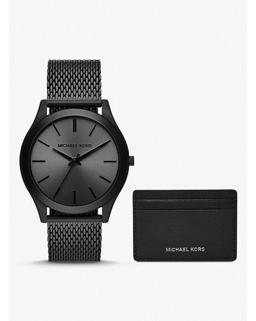 Michael Kors Runway Black Stainless Steel Mesh Watch & Leather Cardholder Gift Set for men