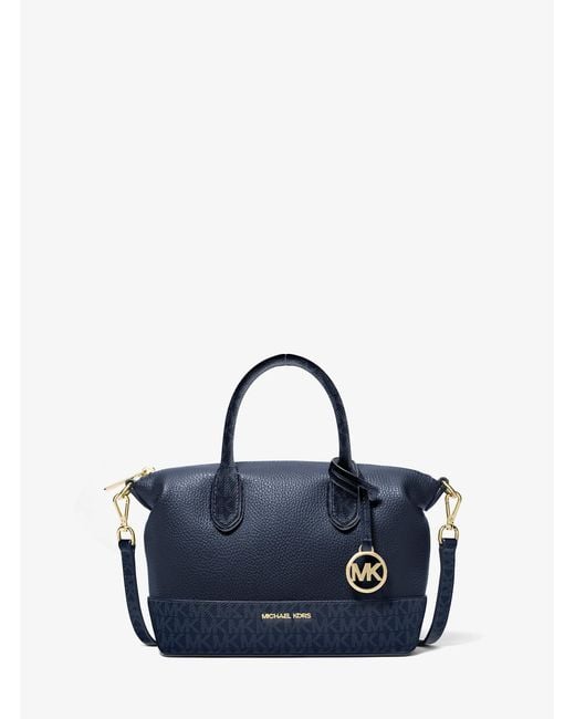Michael Kors Outlet Blue Mk Hyde Small Pebbled And Signature Logo Satchel